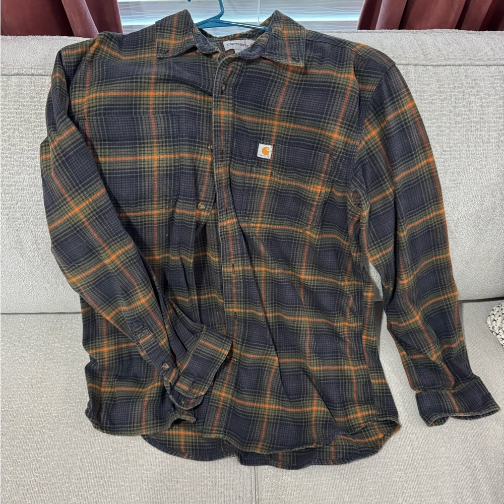 Carhartt Men's green and Orange Plaid flannel Shirt